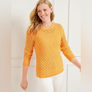 Talbots Pointelle Marle Crewneck Sweater in Sun Ray Yellow and Ivory - Size XL